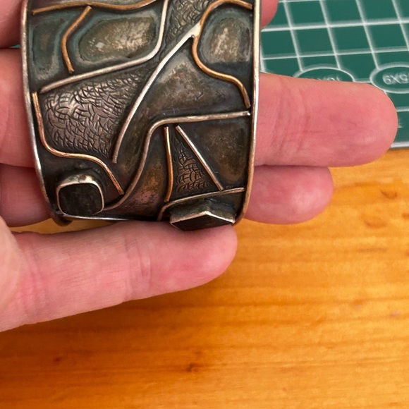 Vintage Brutalist Modern Mixed Metal and Stone Cuff Bracelet - Picture 3 of 8